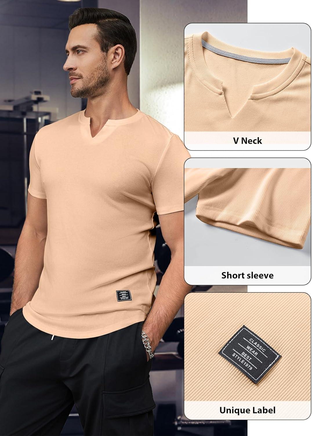 imageJMIERR Mens Muscle Slim T Shirts Texture V Neck Longline Henley Gym Workout Athletic Tee ShirtA Khaki