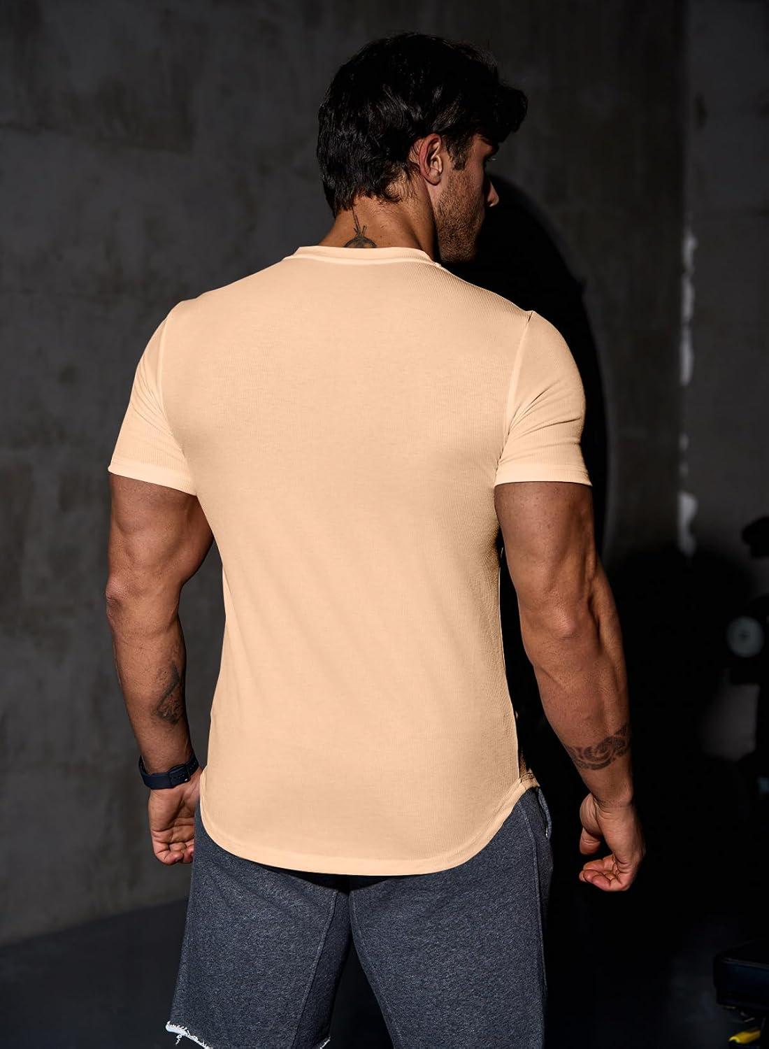 imageJMIERR Mens Muscle Slim T Shirts Texture V Neck Longline Henley Gym Workout Athletic Tee ShirtA Khaki