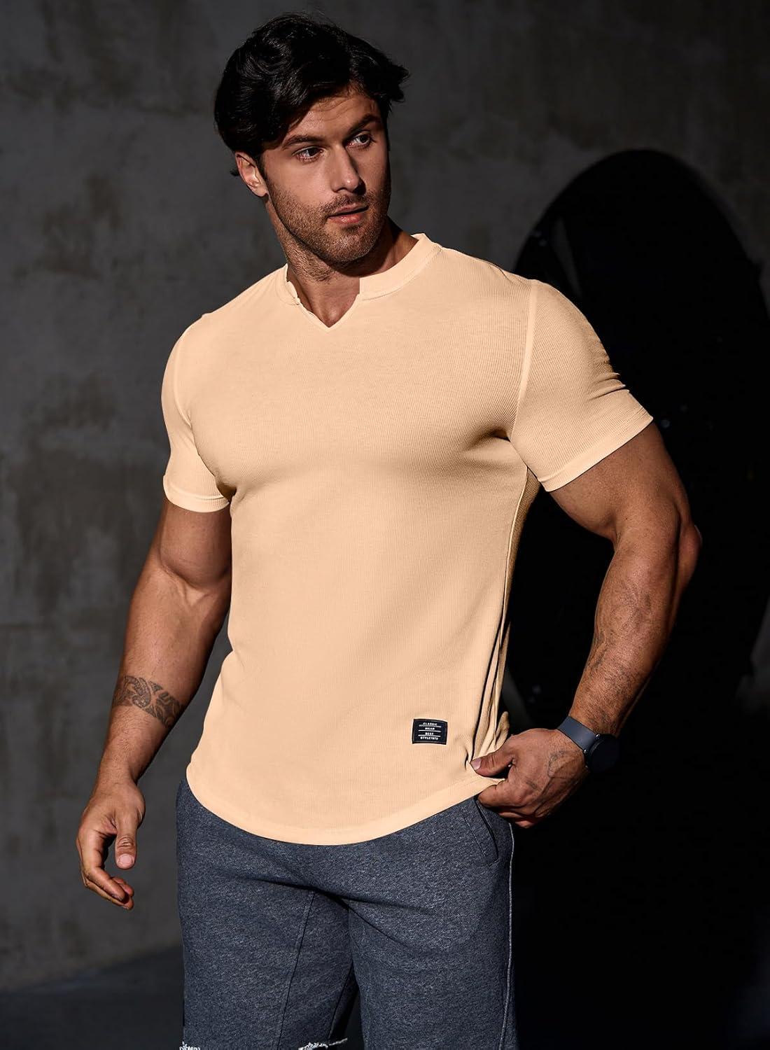 imageJMIERR Mens Muscle Slim T Shirts Texture V Neck Longline Henley Gym Workout Athletic Tee ShirtA Khaki
