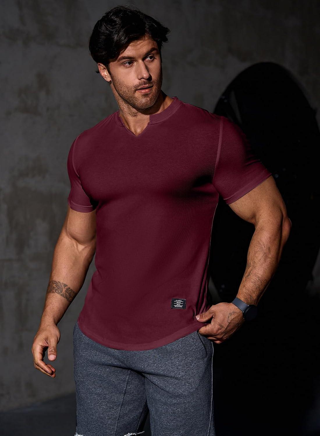 imageJMIERR Mens Muscle Slim T Shirts Texture V Neck Longline Henley Gym Workout Athletic Tee ShirtA Red