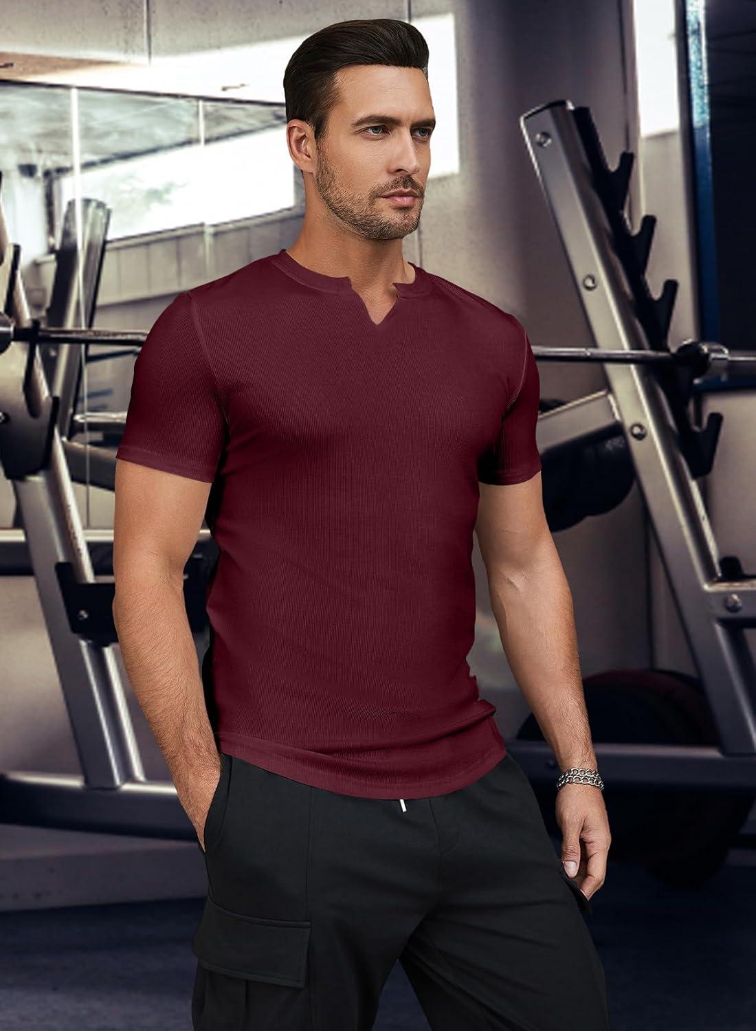 imageJMIERR Mens Muscle Slim T Shirts Texture V Neck Longline Henley Gym Workout Athletic Tee ShirtA Red