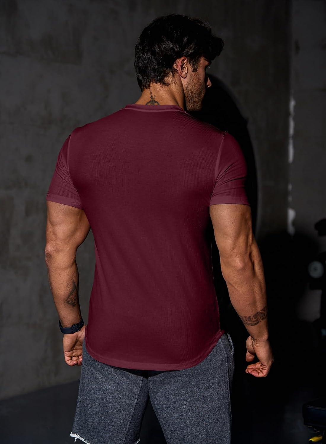 imageJMIERR Mens Muscle Slim T Shirts Texture V Neck Longline Henley Gym Workout Athletic Tee ShirtA Red