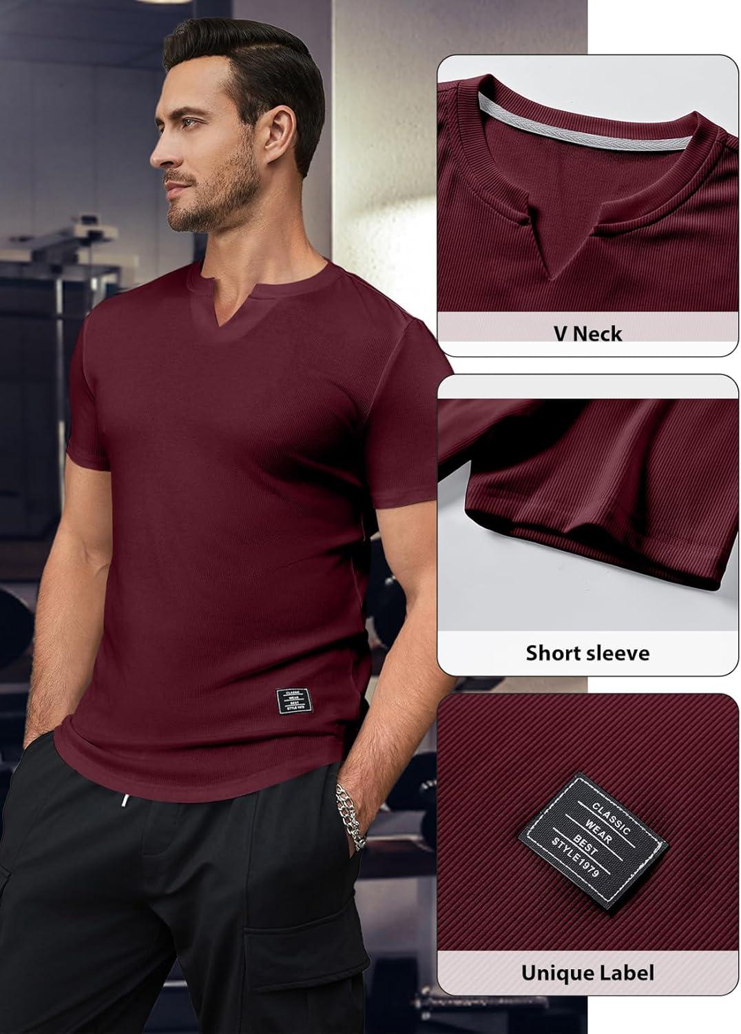 imageJMIERR Mens Muscle Slim T Shirts Texture V Neck Longline Henley Gym Workout Athletic Tee ShirtA Red
