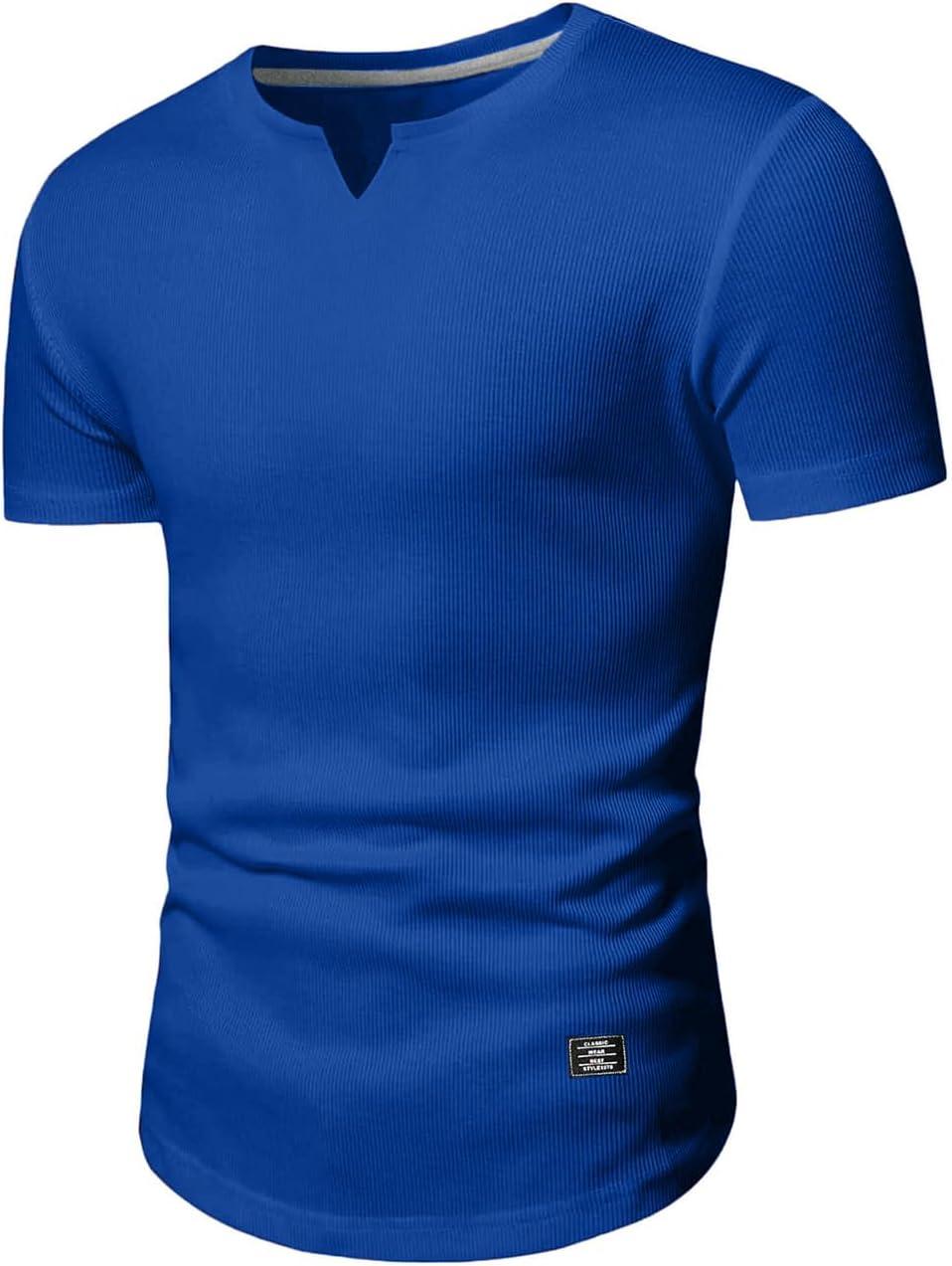 imageJMIERR Mens Muscle Slim T Shirts Texture V Neck Longline Henley Gym Workout Athletic Tee ShirtB Blue 2