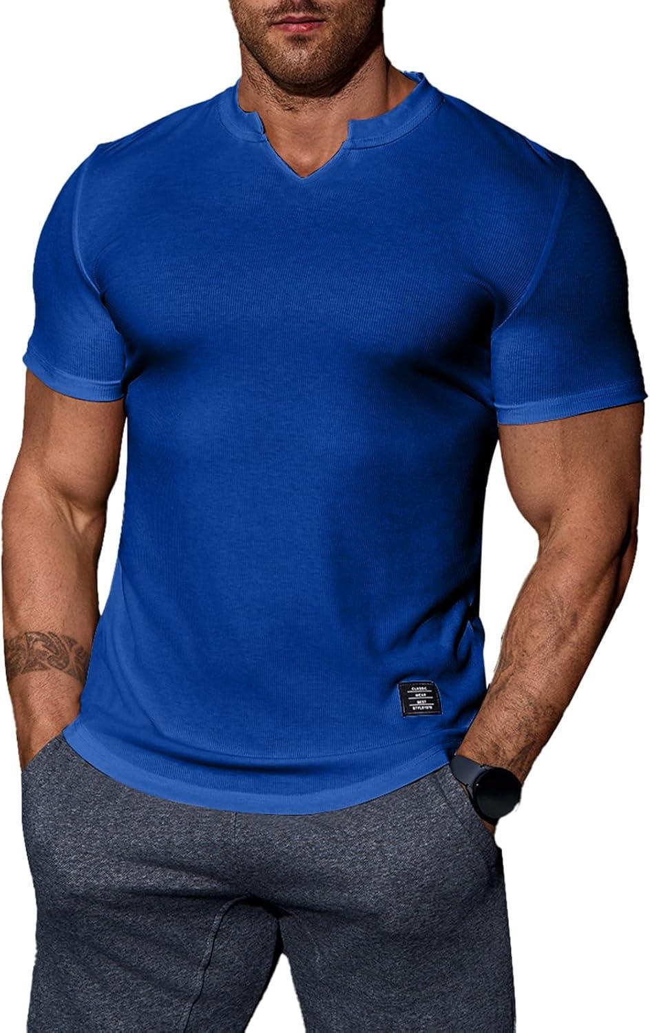 imageJMIERR Mens Muscle Slim T Shirts Texture V Neck Longline Henley Gym Workout Athletic Tee ShirtB Blue 2