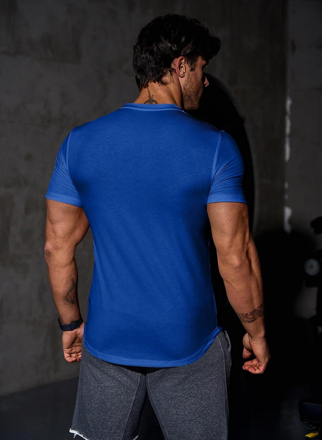 imageJMIERR Mens Muscle Slim T Shirts Texture V Neck Longline Henley Gym Workout Athletic Tee ShirtB Blue 2