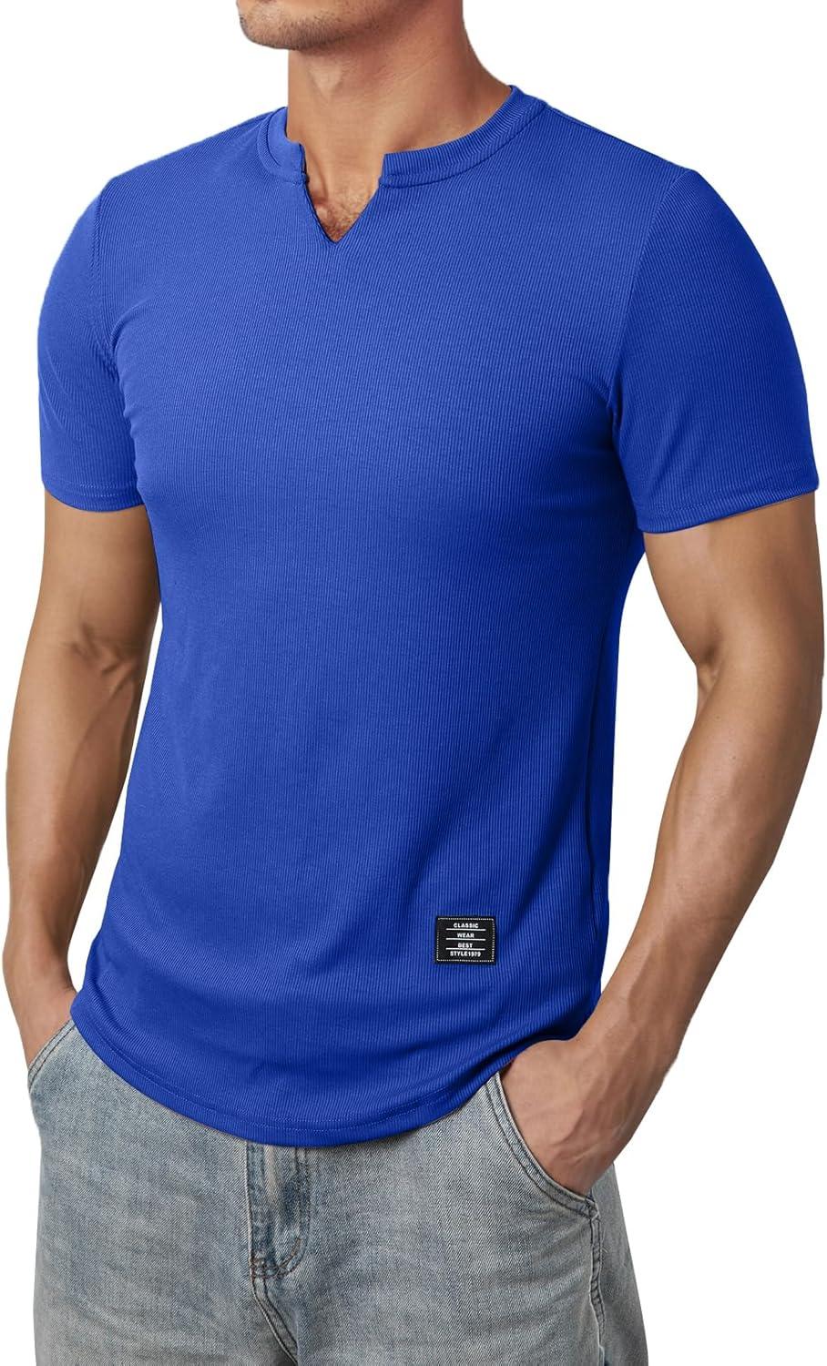 imageJMIERR Mens Muscle Slim T Shirts Texture V Neck Longline Henley Gym Workout Athletic Tee ShirtB Dark Blue