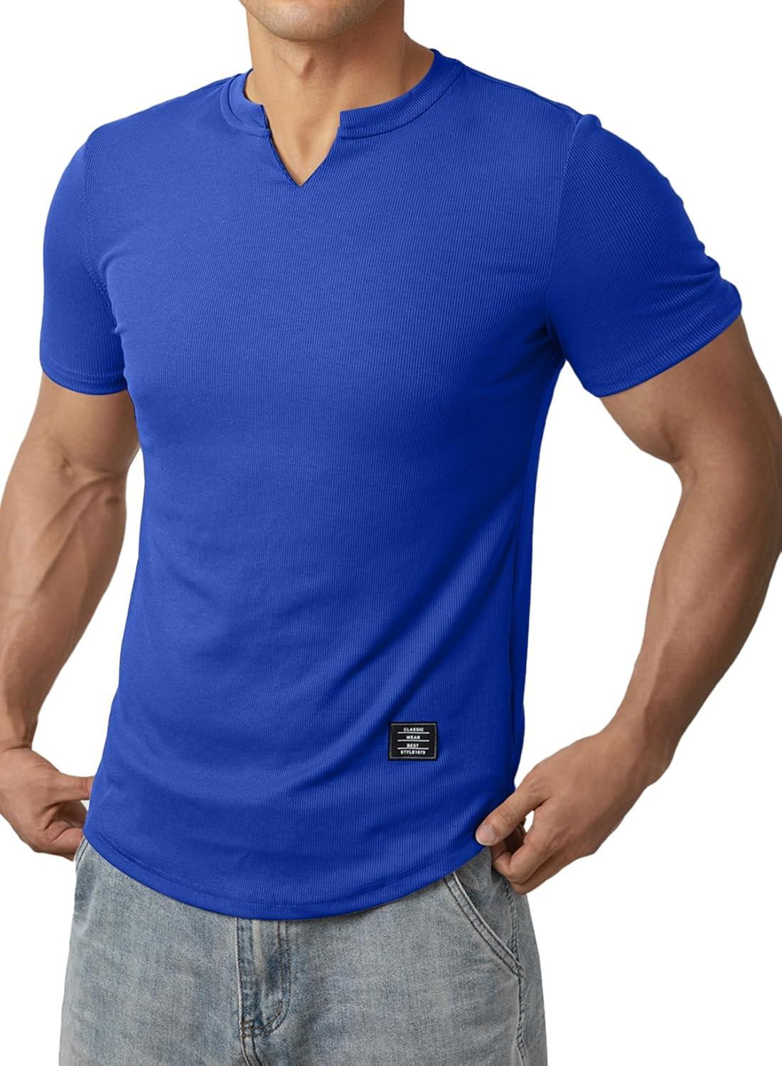 imageJMIERR Mens Muscle Slim T Shirts Texture V Neck Longline Henley Gym Workout Athletic Tee ShirtB Dark Blue