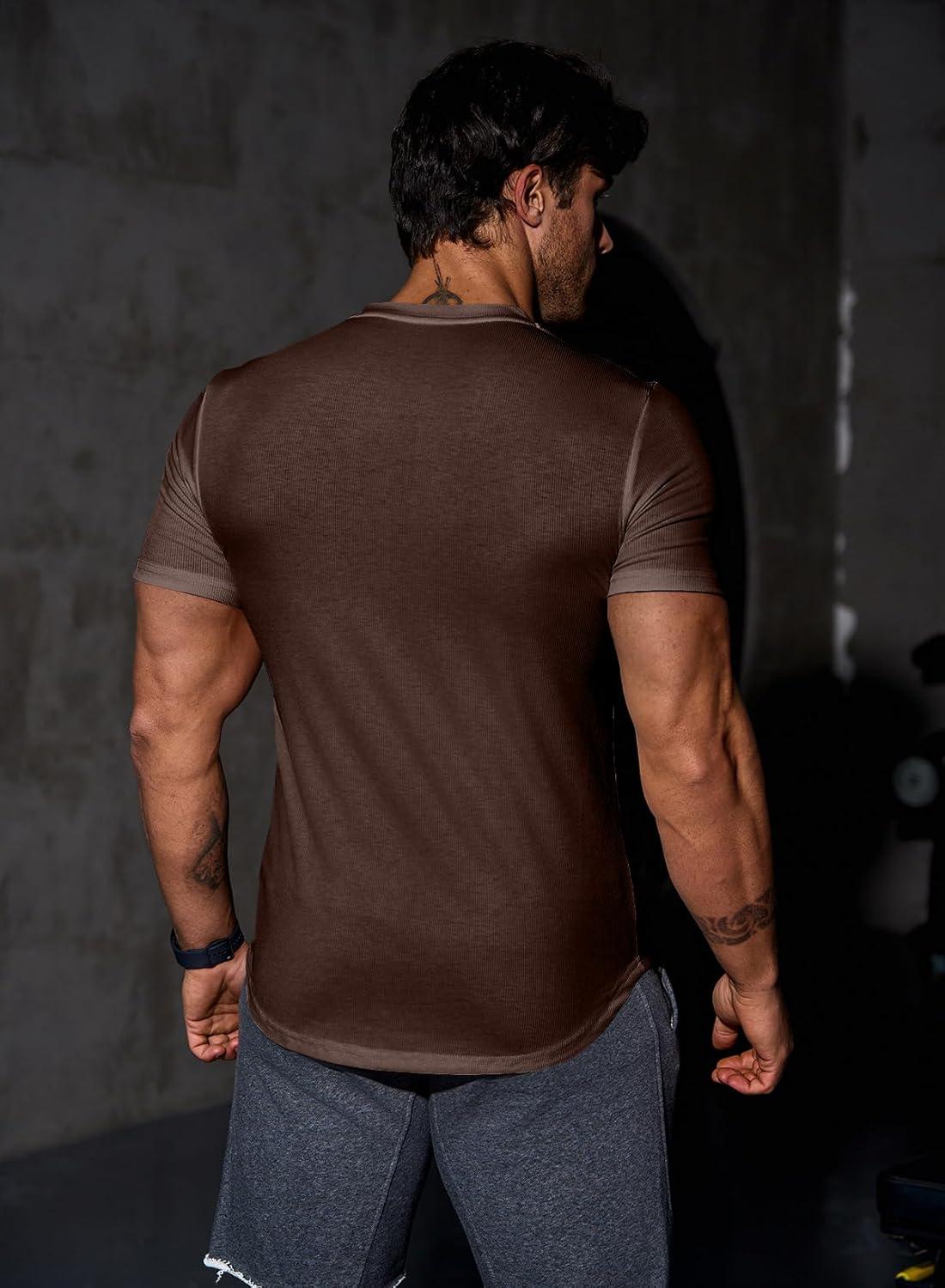 imageJMIERR Mens Muscle Slim T Shirts Texture V Neck Longline Henley Gym Workout Athletic Tee ShirtB Dark Brown