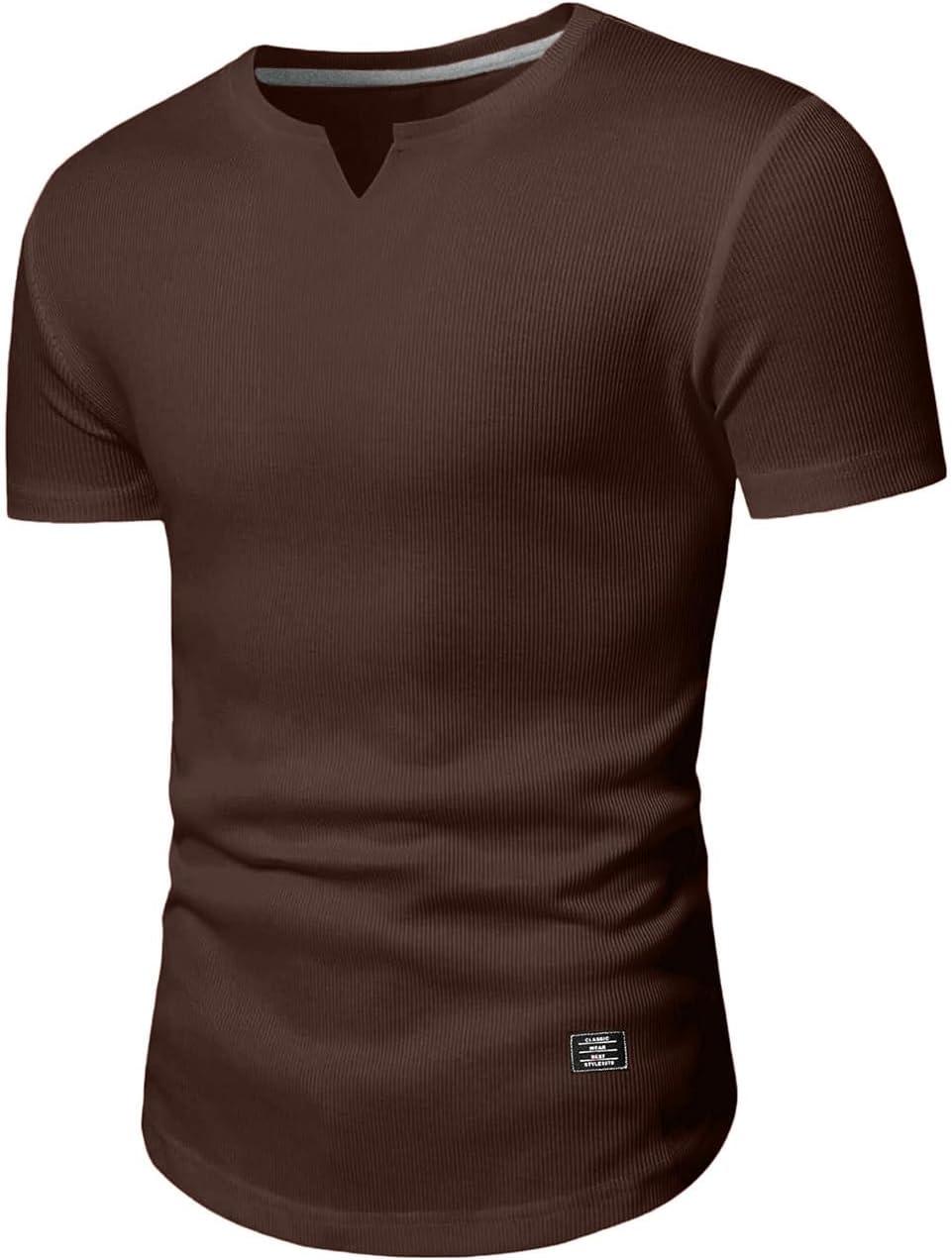 imageJMIERR Mens Muscle Slim T Shirts Texture V Neck Longline Henley Gym Workout Athletic Tee ShirtB Dark Brown
