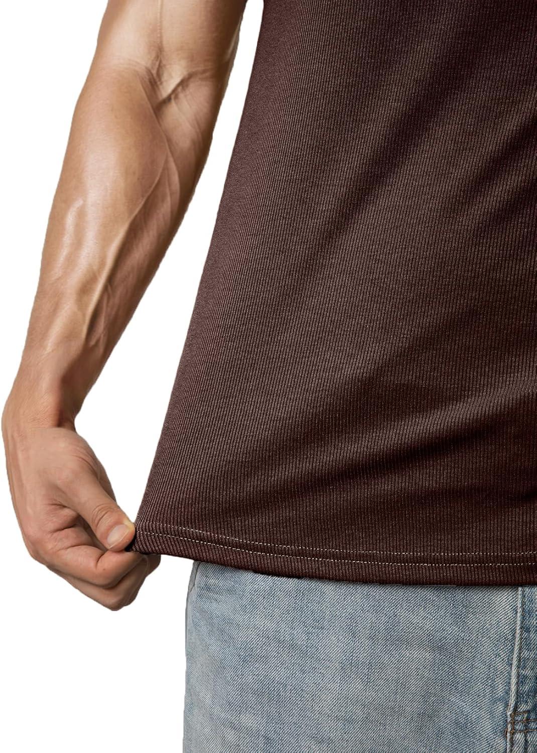 imageJMIERR Mens Muscle Slim T Shirts Texture V Neck Longline Henley Gym Workout Athletic Tee ShirtB Dark Brown