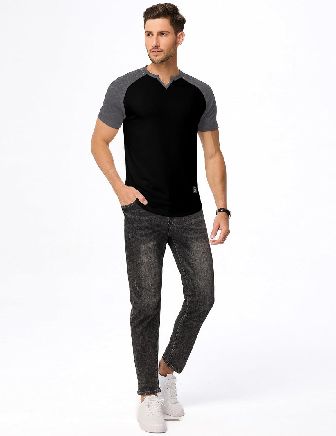 imageJMIERR Mens Muscle Slim T Shirts Texture V Neck Longline Henley Gym Workout Athletic Tee ShirtC Black Grey