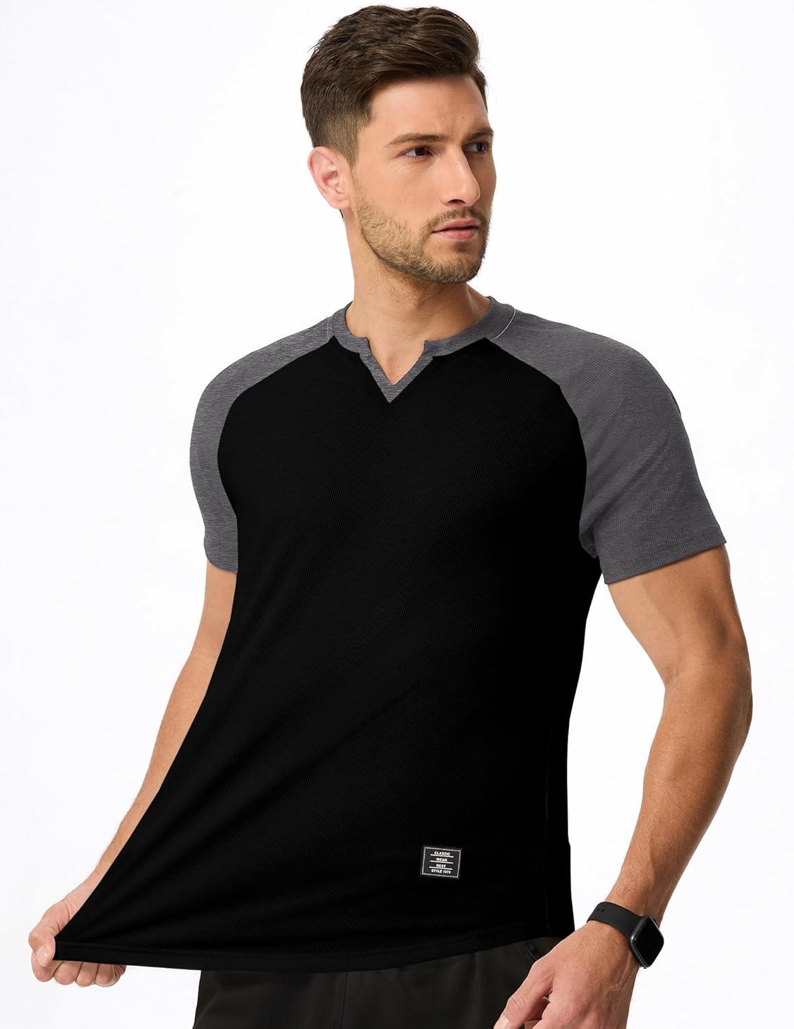 imageJMIERR Mens Muscle Slim T Shirts Texture V Neck Longline Henley Gym Workout Athletic Tee ShirtC Black Grey