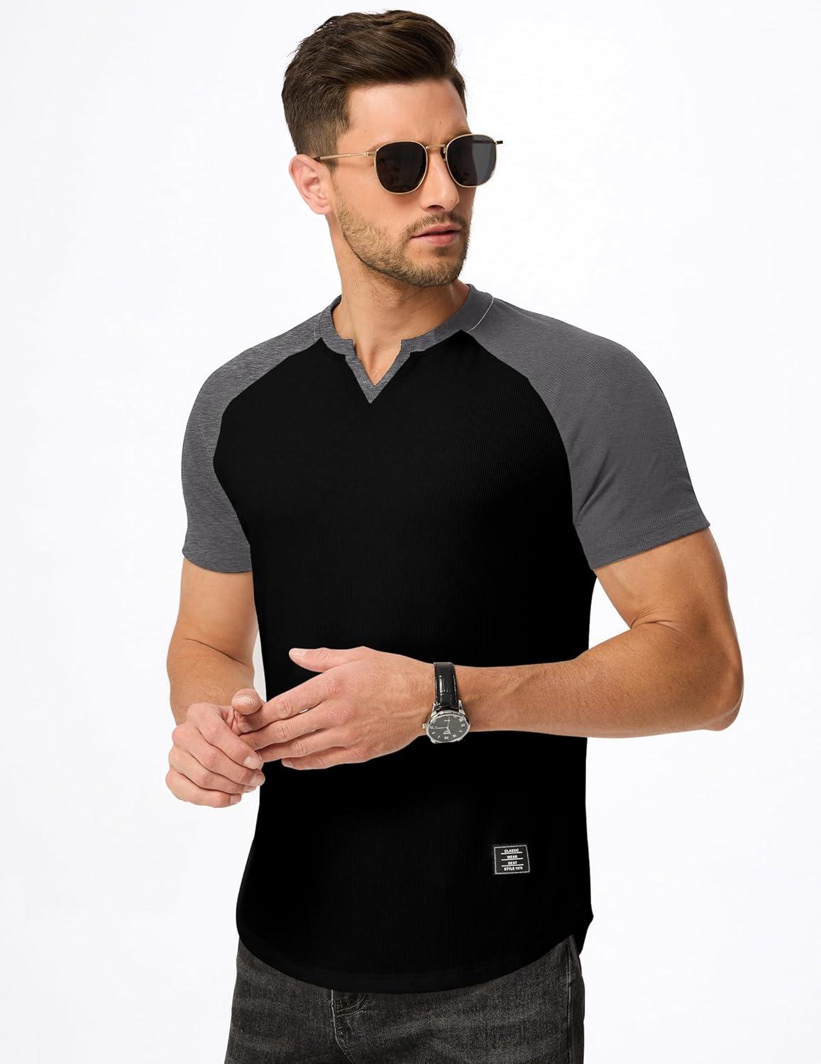 imageJMIERR Mens Muscle Slim T Shirts Texture V Neck Longline Henley Gym Workout Athletic Tee ShirtC Black Grey