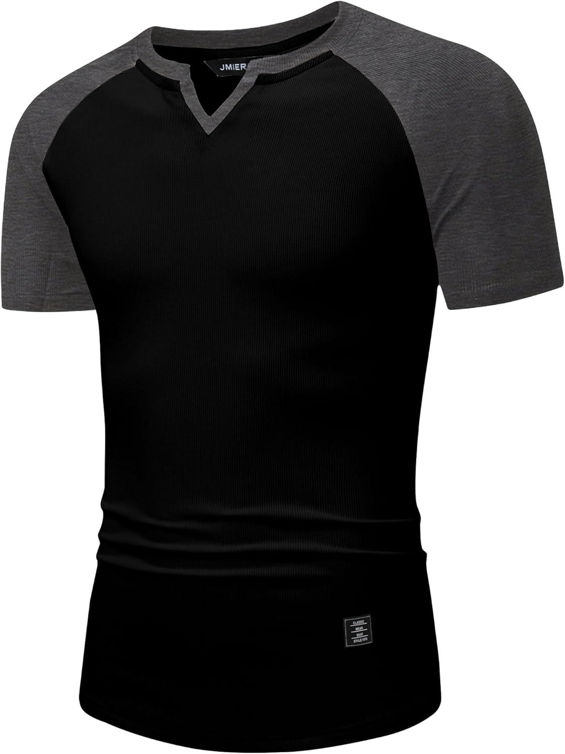 imageJMIERR Mens Muscle Slim T Shirts Texture V Neck Longline Henley Gym Workout Athletic Tee ShirtC Black Grey