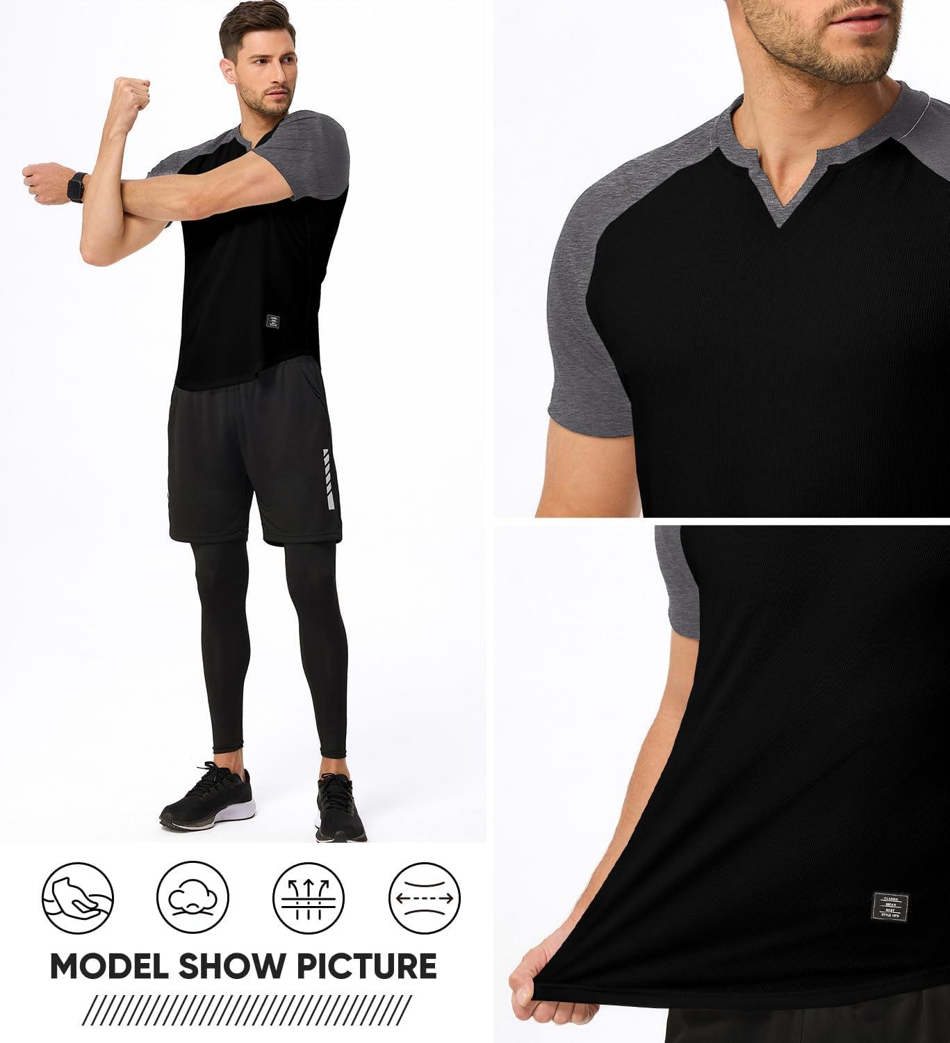 imageJMIERR Mens Muscle Slim T Shirts Texture V Neck Longline Henley Gym Workout Athletic Tee ShirtC Black Grey