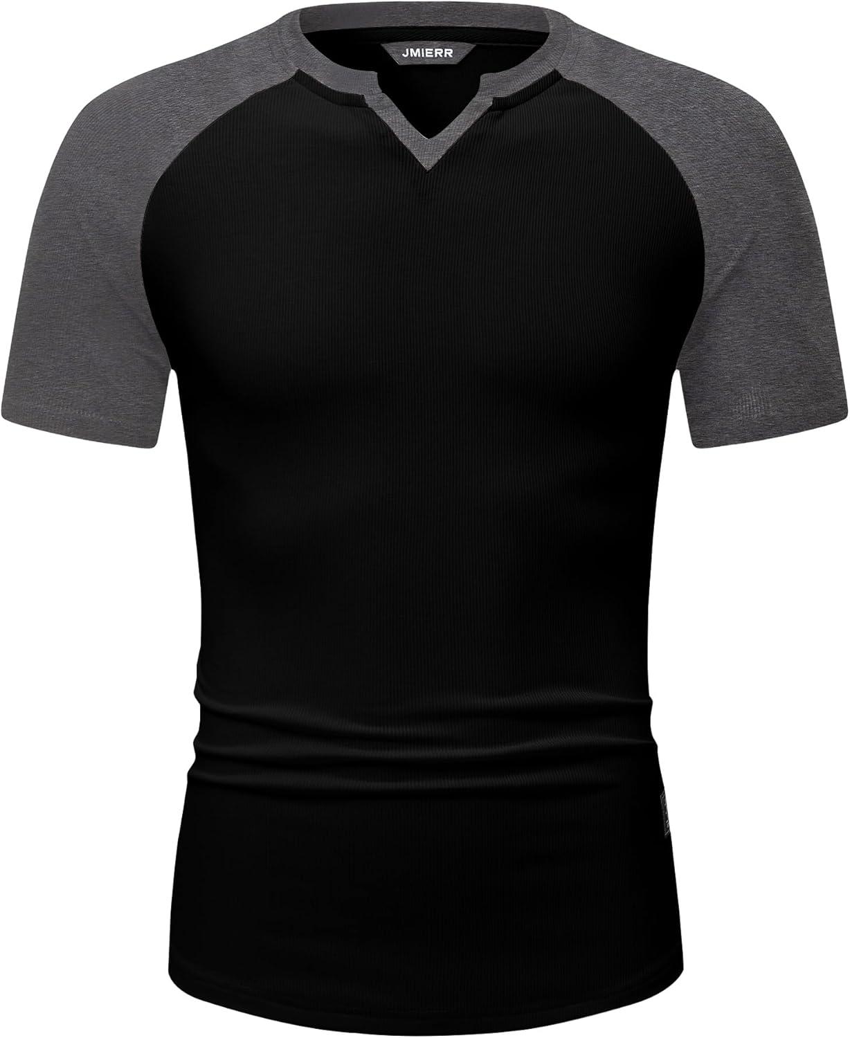 imageJMIERR Mens Muscle Slim T Shirts Texture V Neck Longline Henley Gym Workout Athletic Tee ShirtC Black Grey