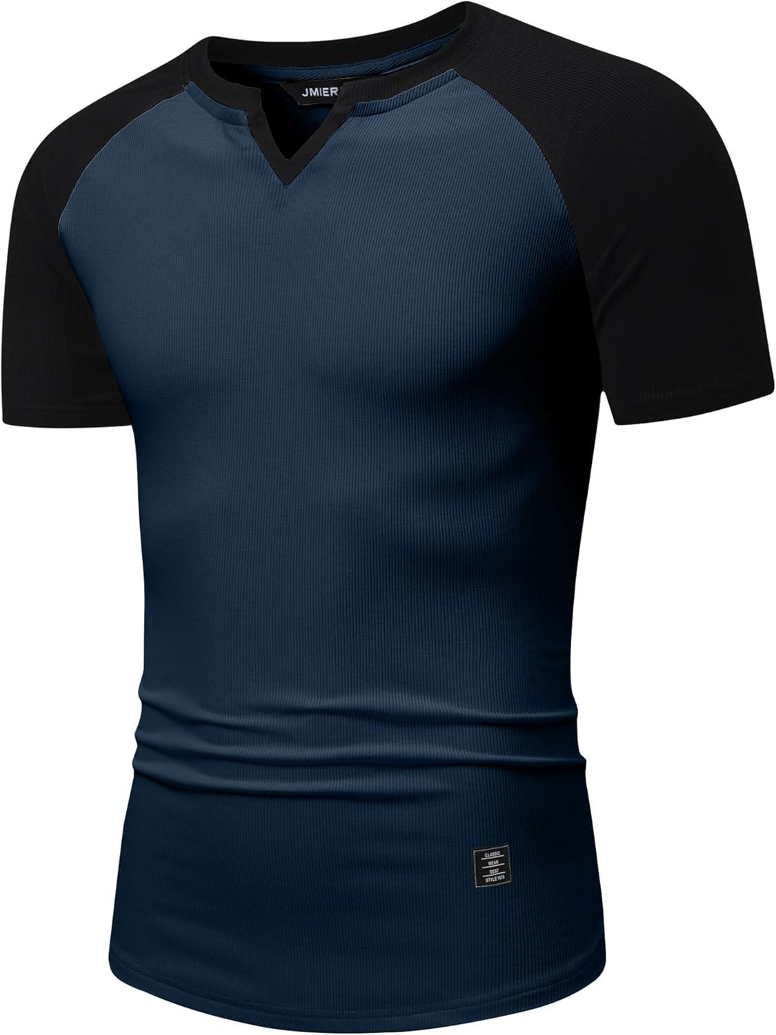 imageJMIERR Mens Muscle Slim T Shirts Texture V Neck Longline Henley Gym Workout Athletic Tee ShirtC Blue Black