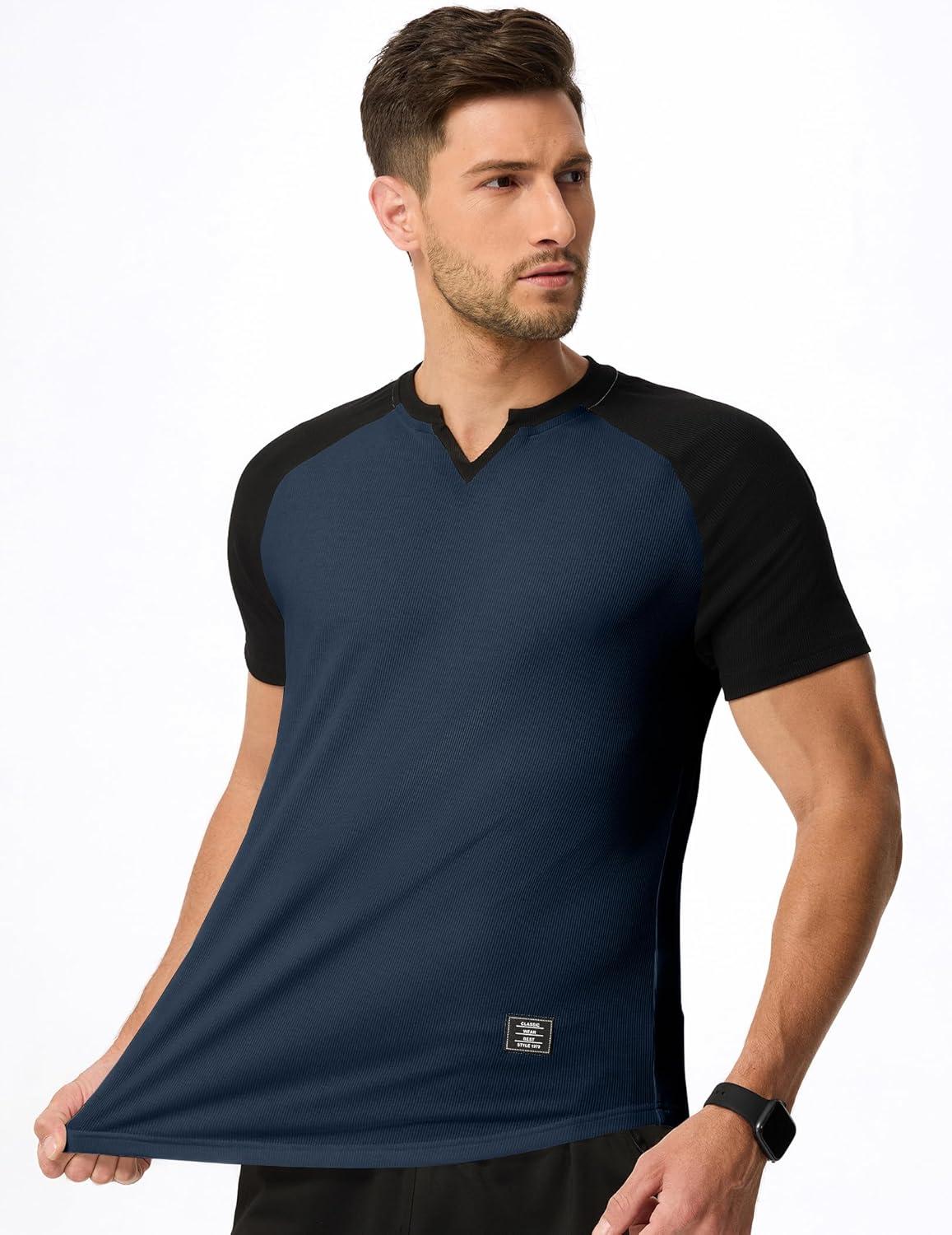 imageJMIERR Mens Muscle Slim T Shirts Texture V Neck Longline Henley Gym Workout Athletic Tee ShirtC Blue Black