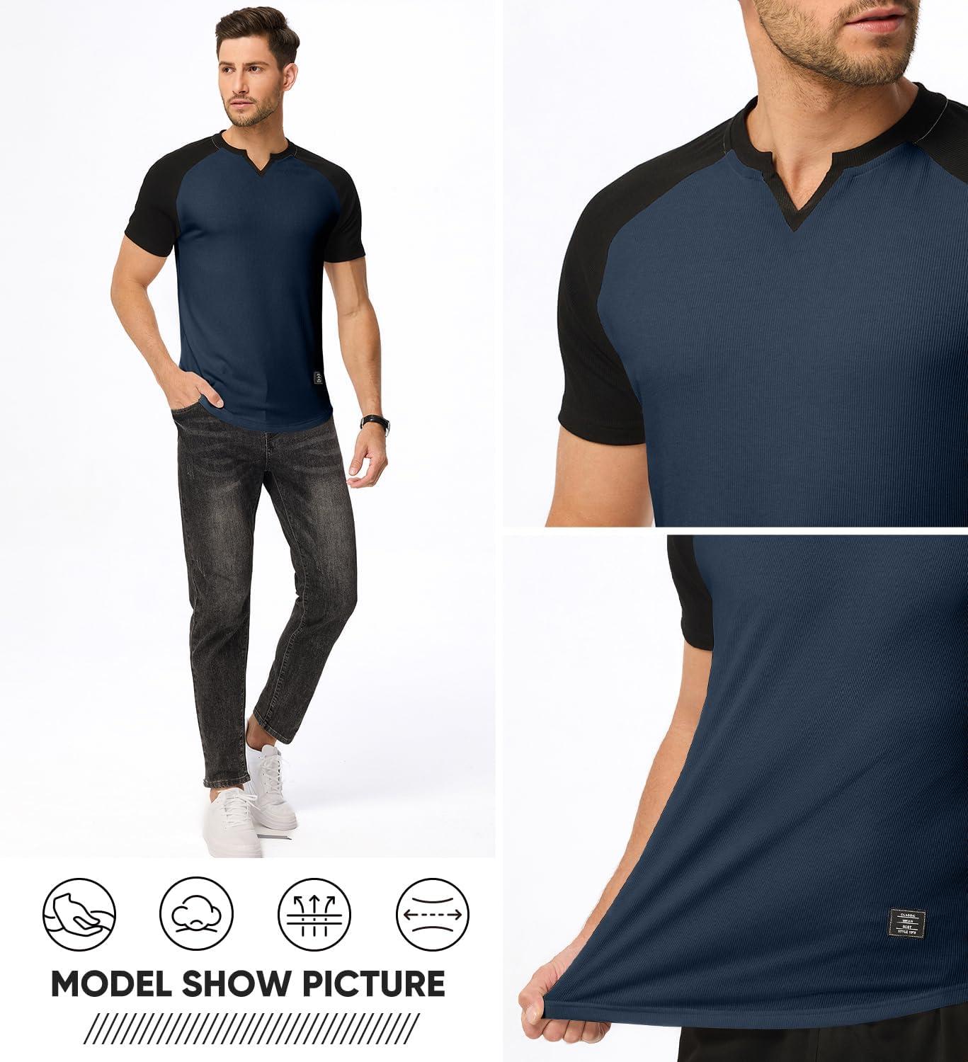 imageJMIERR Mens Muscle Slim T Shirts Texture V Neck Longline Henley Gym Workout Athletic Tee ShirtC Blue Black