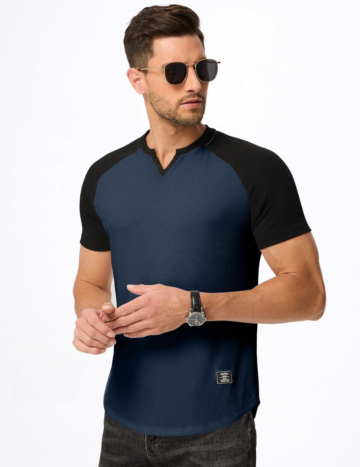 imageJMIERR Mens Muscle Slim T Shirts Texture V Neck Longline Henley Gym Workout Athletic Tee ShirtC Blue Black