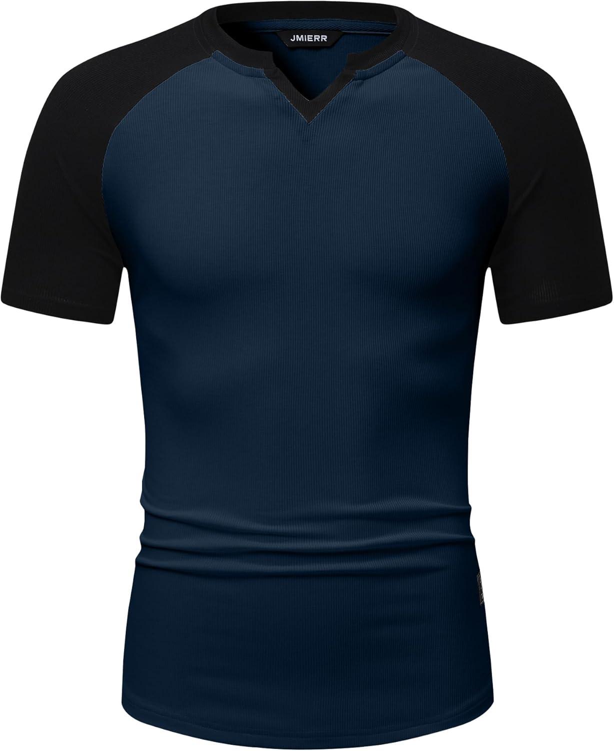 imageJMIERR Mens Muscle Slim T Shirts Texture V Neck Longline Henley Gym Workout Athletic Tee ShirtC Blue Black