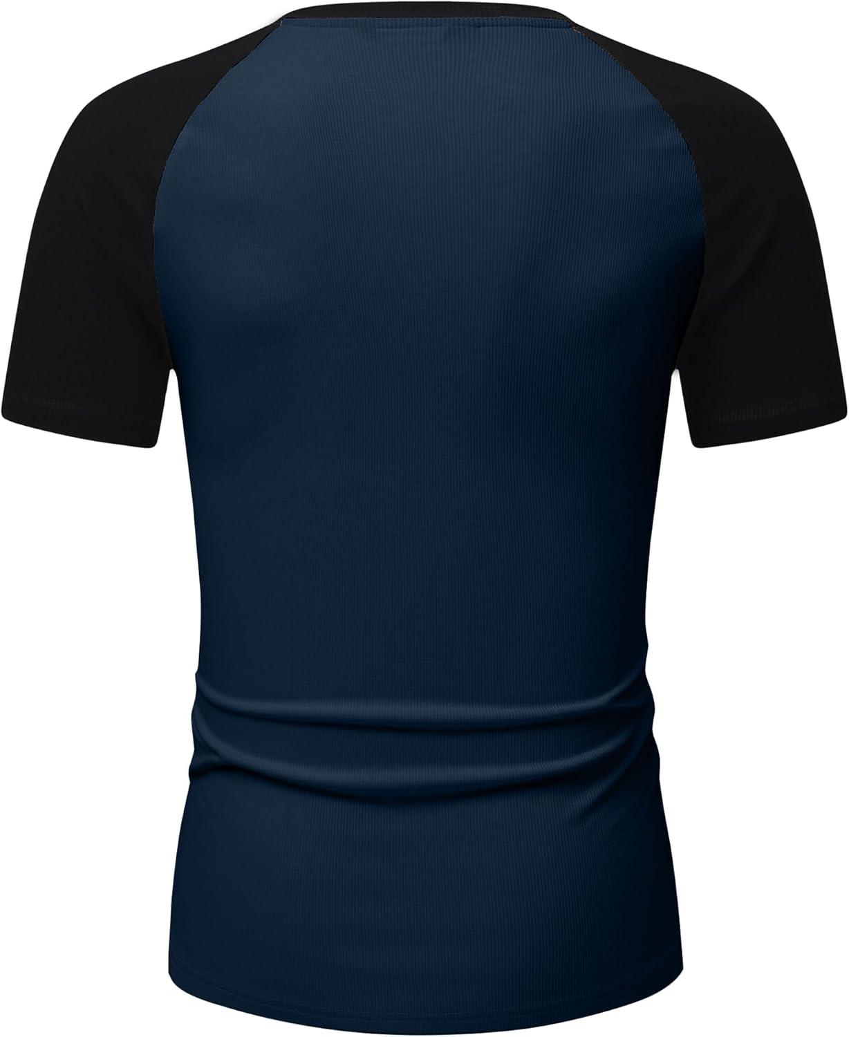 imageJMIERR Mens Muscle Slim T Shirts Texture V Neck Longline Henley Gym Workout Athletic Tee ShirtC Blue Black