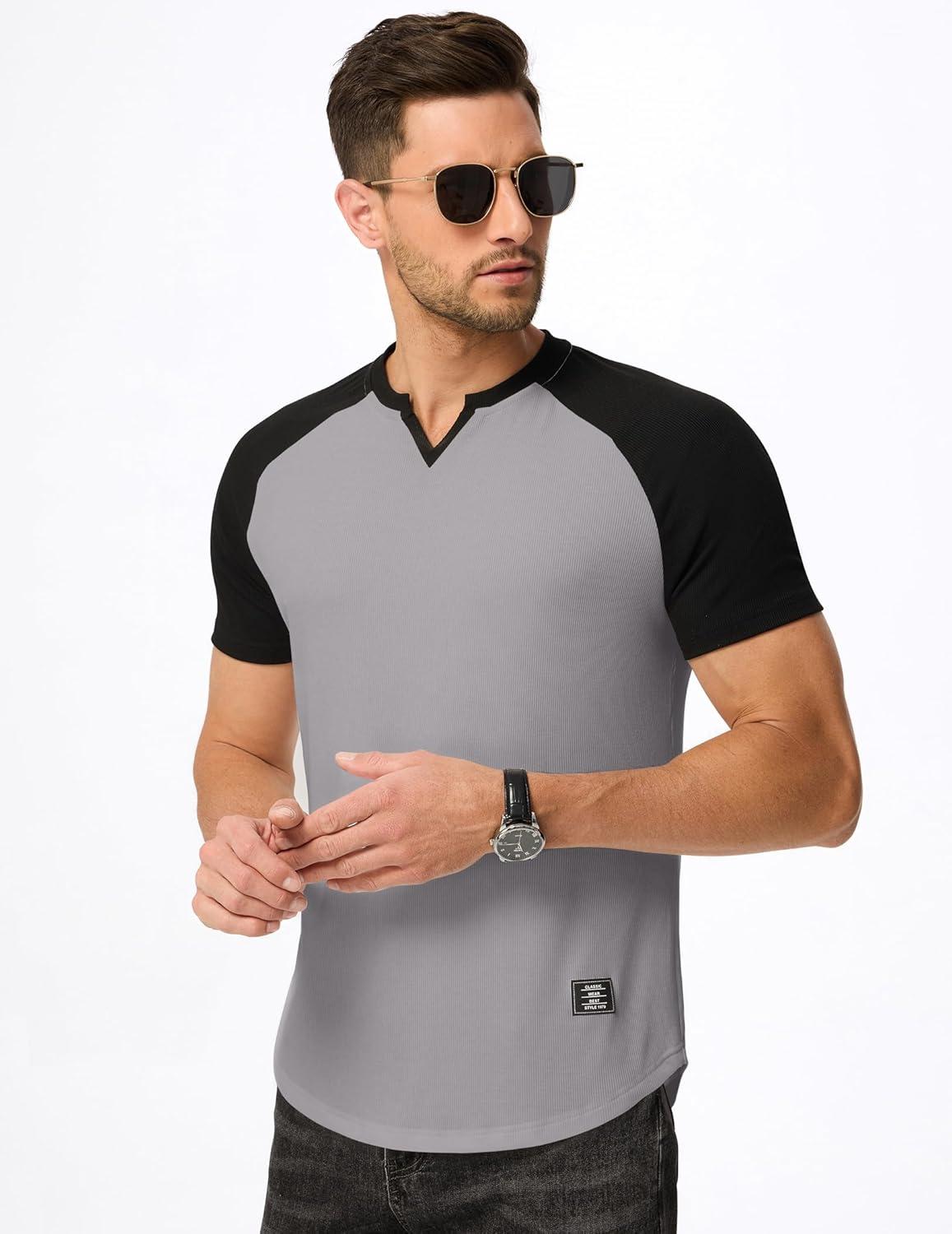 imageJMIERR Mens Muscle Slim T Shirts Texture V Neck Longline Henley Gym Workout Athletic Tee ShirtC Grey Black