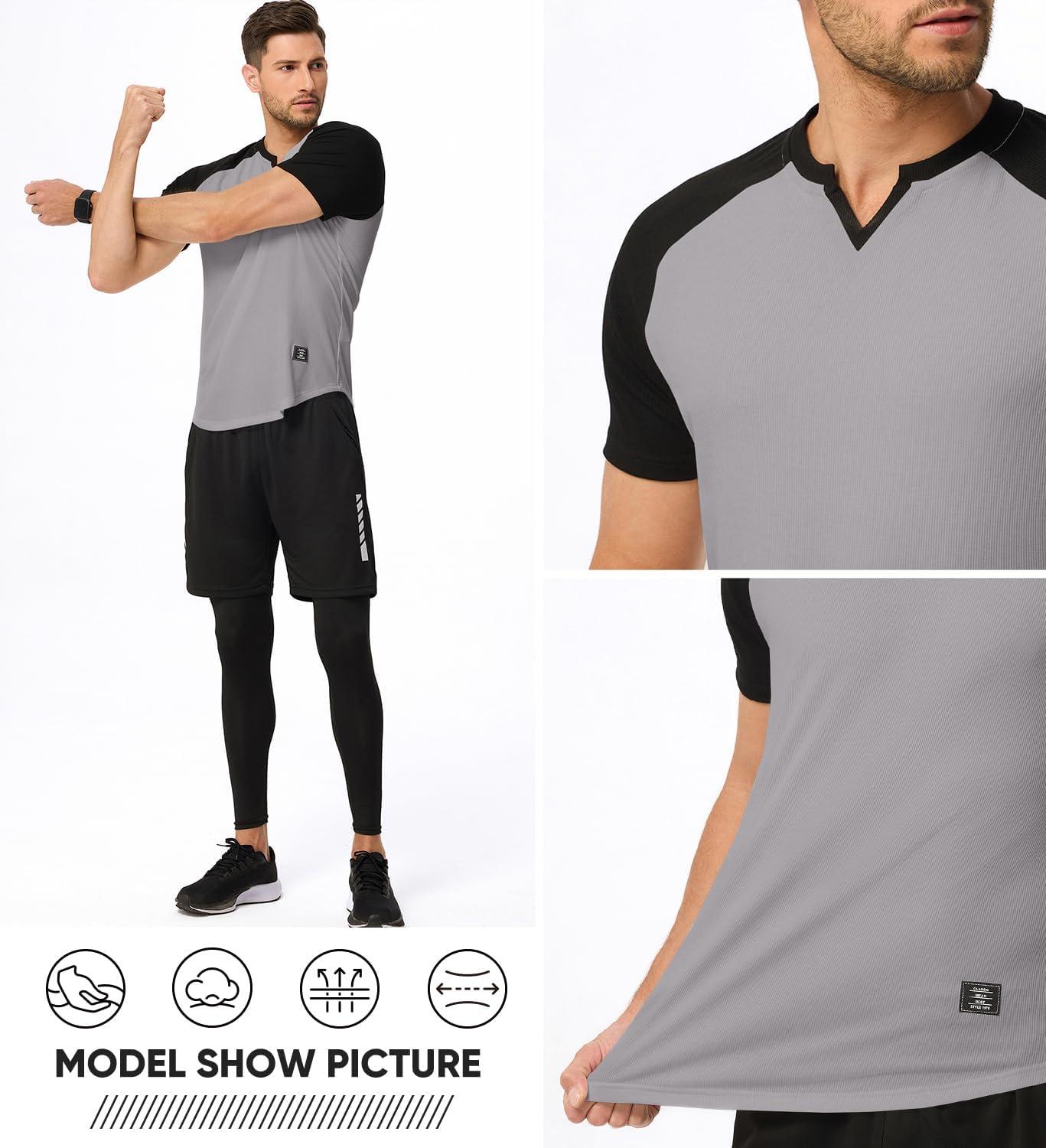 imageJMIERR Mens Muscle Slim T Shirts Texture V Neck Longline Henley Gym Workout Athletic Tee ShirtC Grey Black