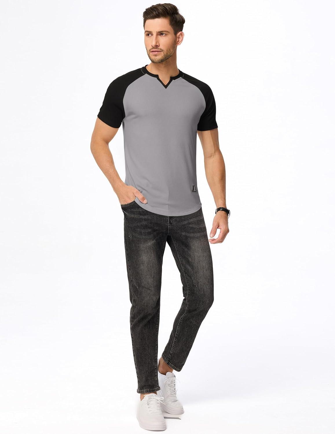 imageJMIERR Mens Muscle Slim T Shirts Texture V Neck Longline Henley Gym Workout Athletic Tee ShirtC Grey Black