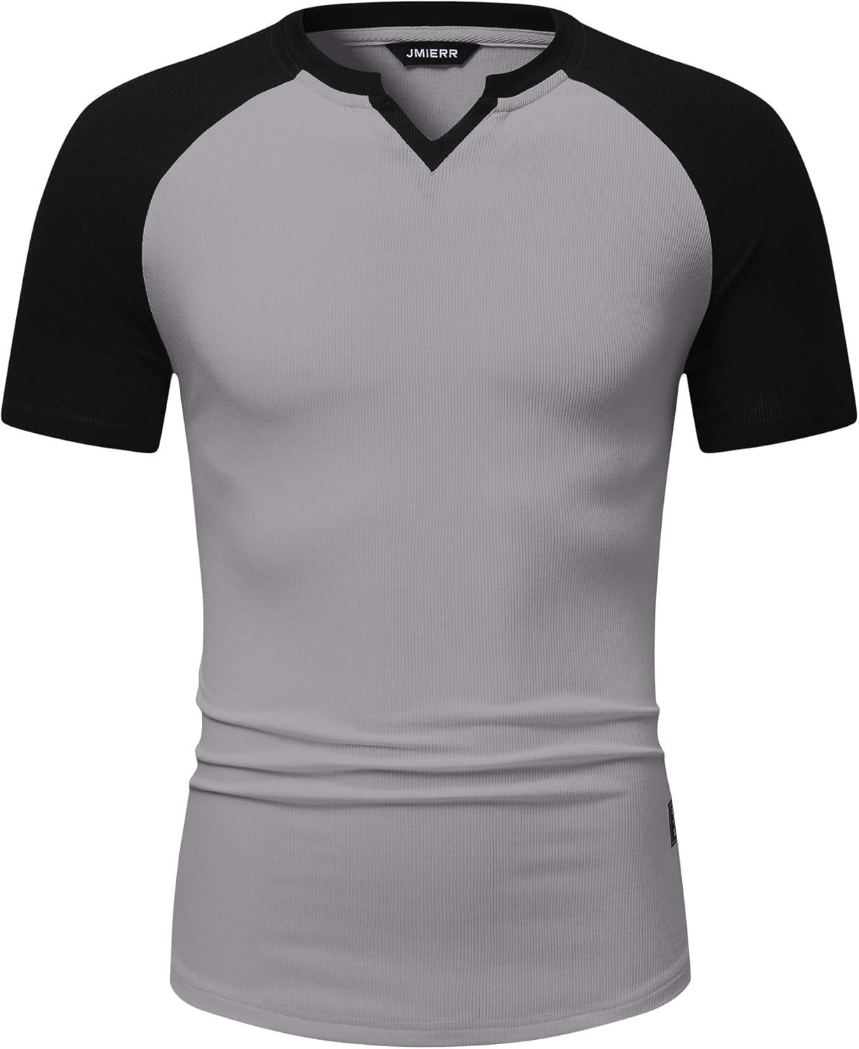 imageJMIERR Mens Muscle Slim T Shirts Texture V Neck Longline Henley Gym Workout Athletic Tee ShirtC Grey Black