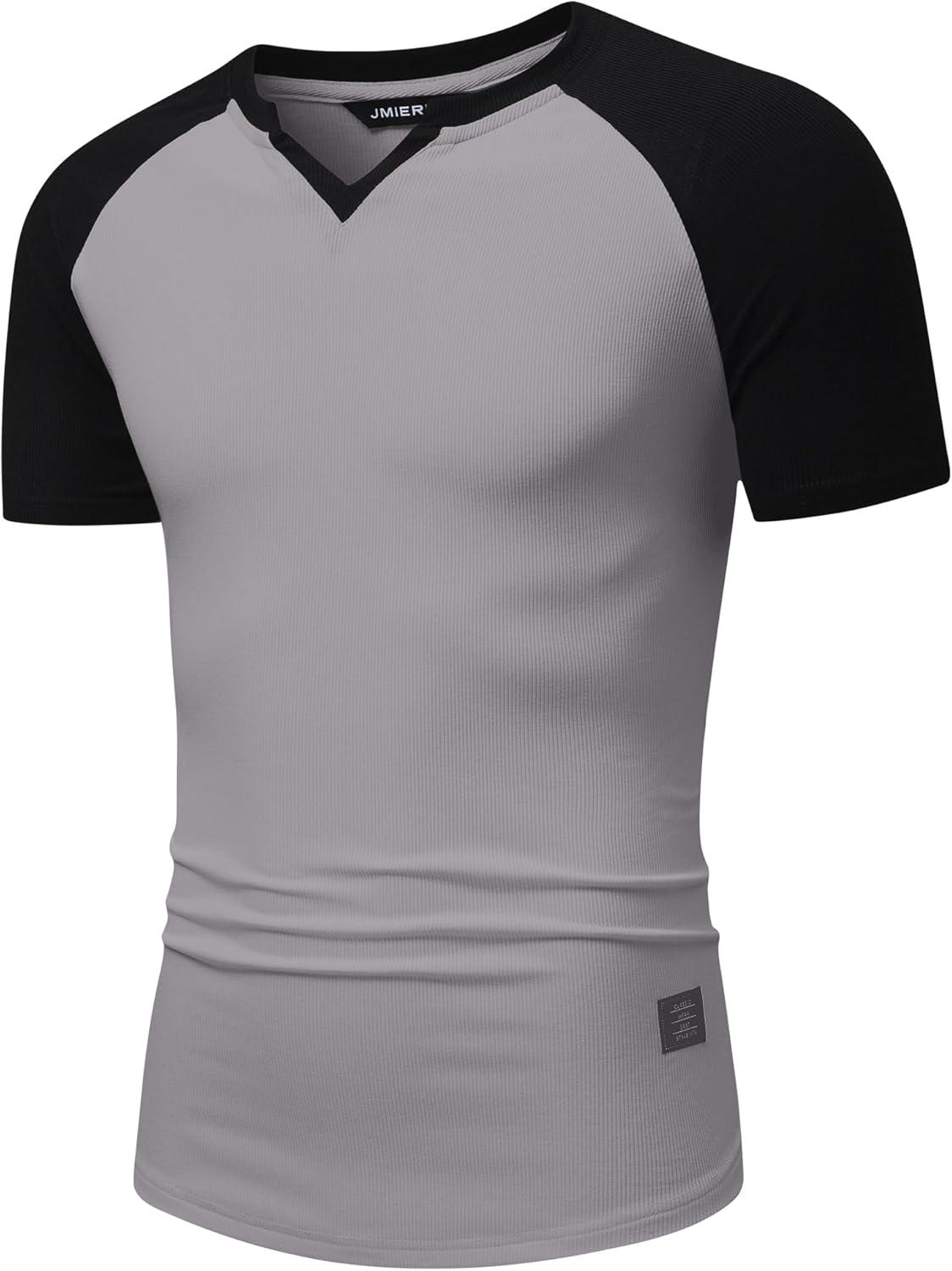 imageJMIERR Mens Muscle Slim T Shirts Texture V Neck Longline Henley Gym Workout Athletic Tee ShirtC Grey Black