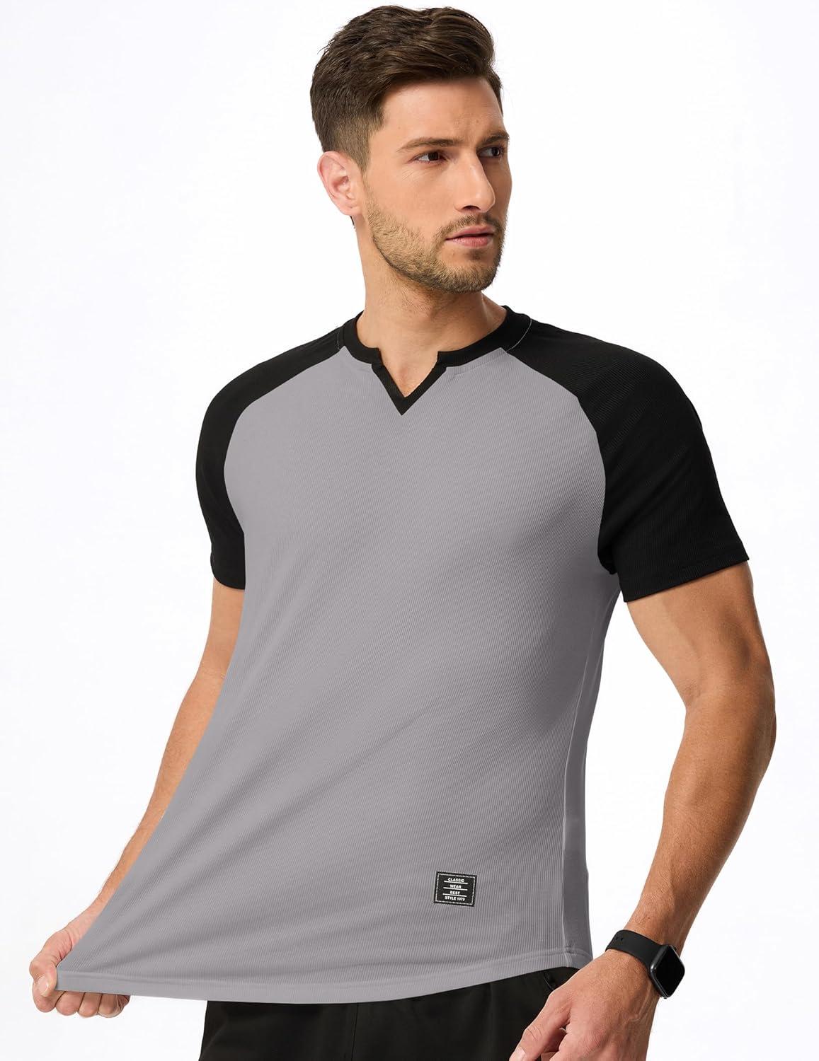 imageJMIERR Mens Muscle Slim T Shirts Texture V Neck Longline Henley Gym Workout Athletic Tee ShirtC Grey Black