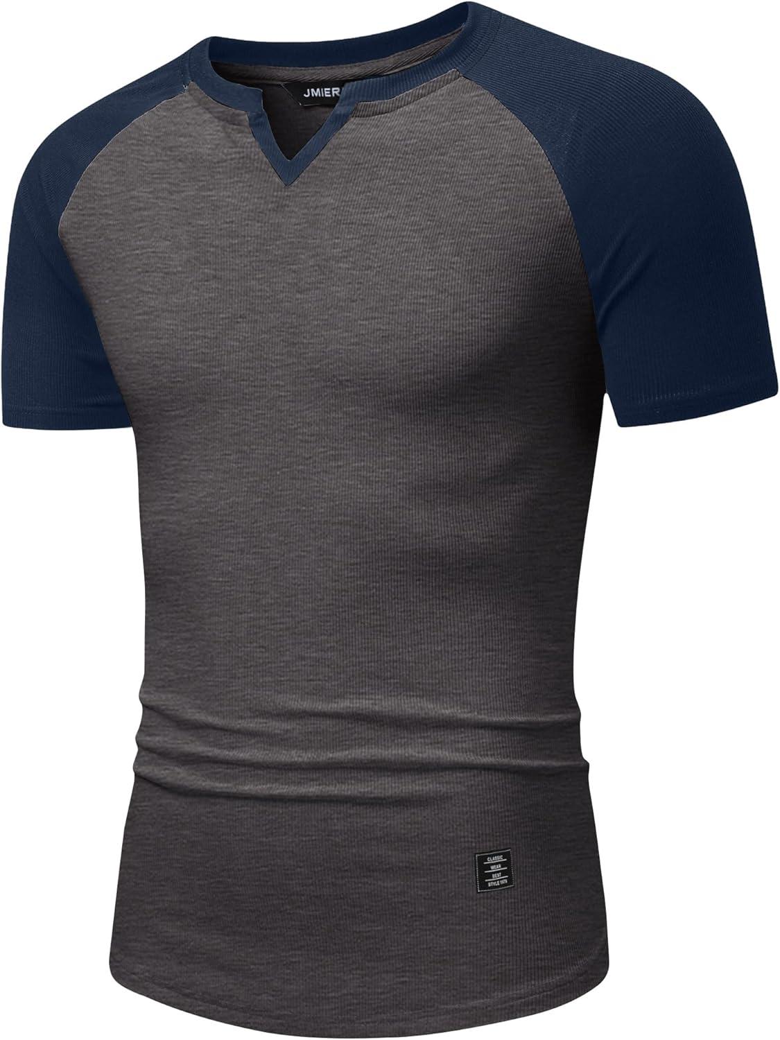 imageJMIERR Mens Muscle Slim T Shirts Texture V Neck Longline Henley Gym Workout Athletic Tee ShirtC Grey Blue