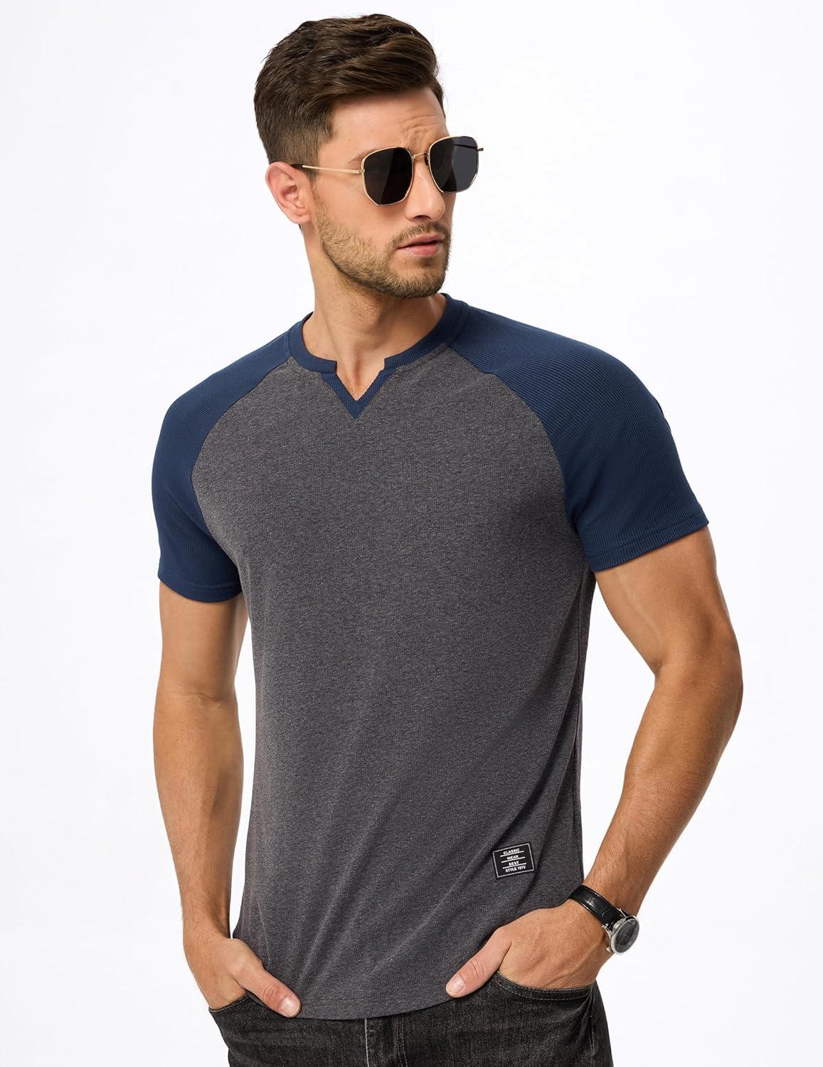 imageJMIERR Mens Muscle Slim T Shirts Texture V Neck Longline Henley Gym Workout Athletic Tee ShirtC Grey Blue