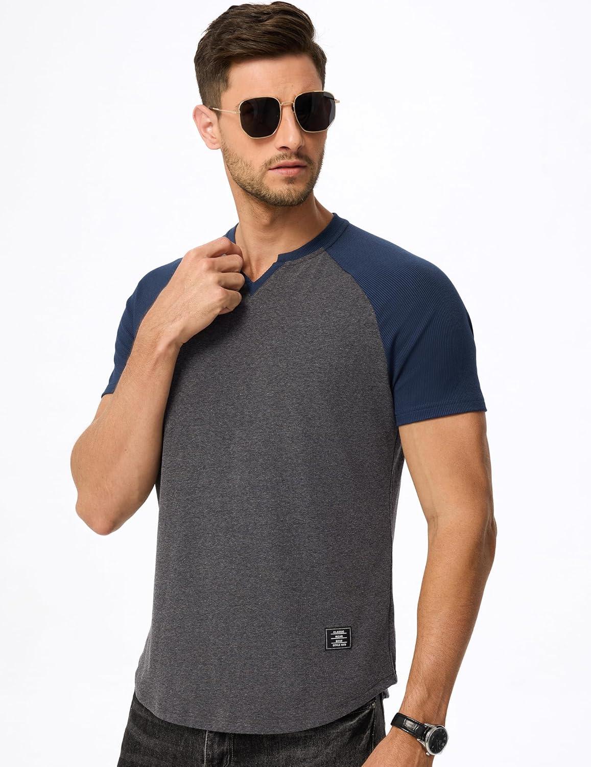 imageJMIERR Mens Muscle Slim T Shirts Texture V Neck Longline Henley Gym Workout Athletic Tee ShirtC Grey Blue