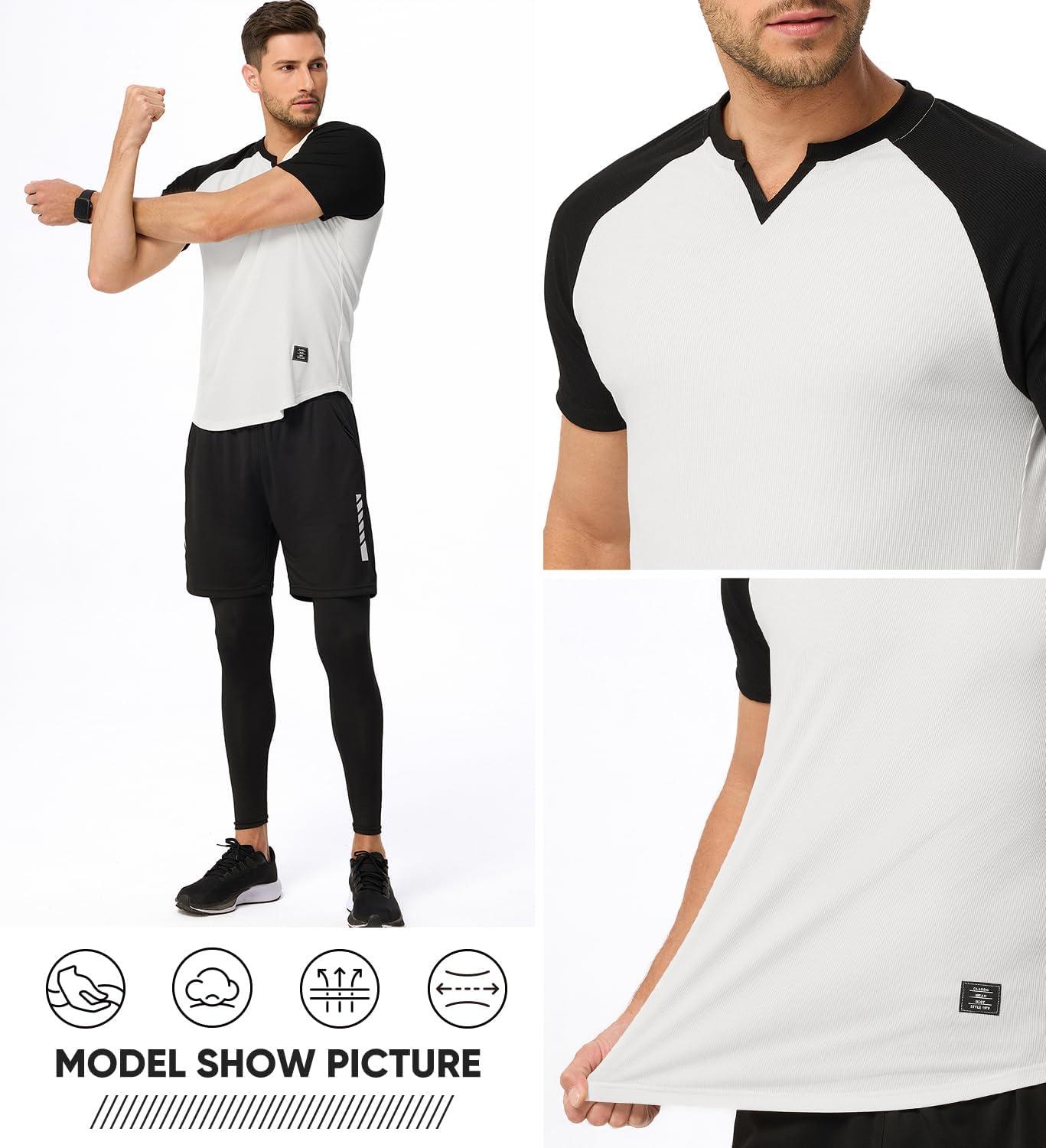 imageJMIERR Mens Muscle Slim T Shirts Texture V Neck Longline Henley Gym Workout Athletic Tee ShirtC White Black