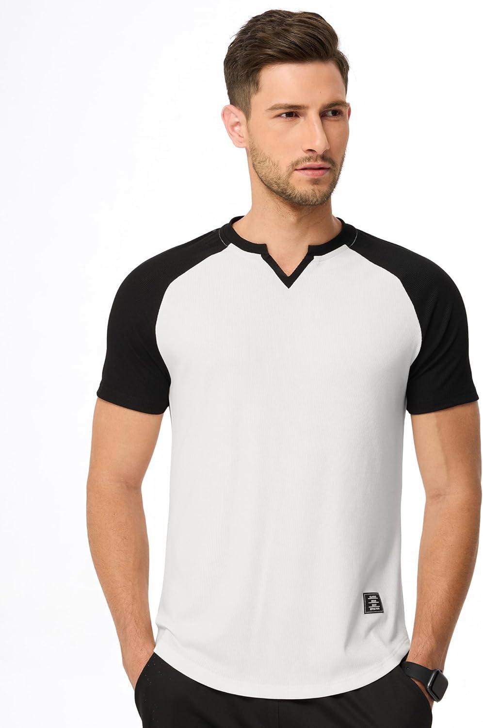 imageJMIERR Mens Muscle Slim T Shirts Texture V Neck Longline Henley Gym Workout Athletic Tee ShirtC White Black