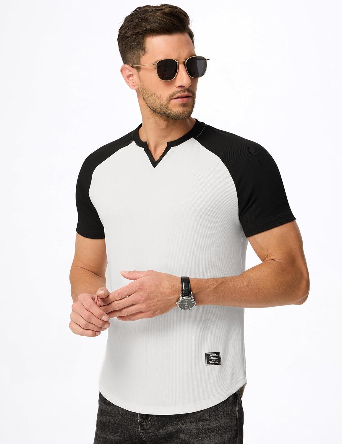 imageJMIERR Mens Muscle Slim T Shirts Texture V Neck Longline Henley Gym Workout Athletic Tee ShirtC White Black