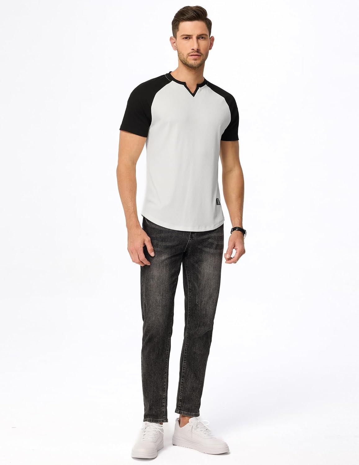 imageJMIERR Mens Muscle Slim T Shirts Texture V Neck Longline Henley Gym Workout Athletic Tee ShirtC White Black