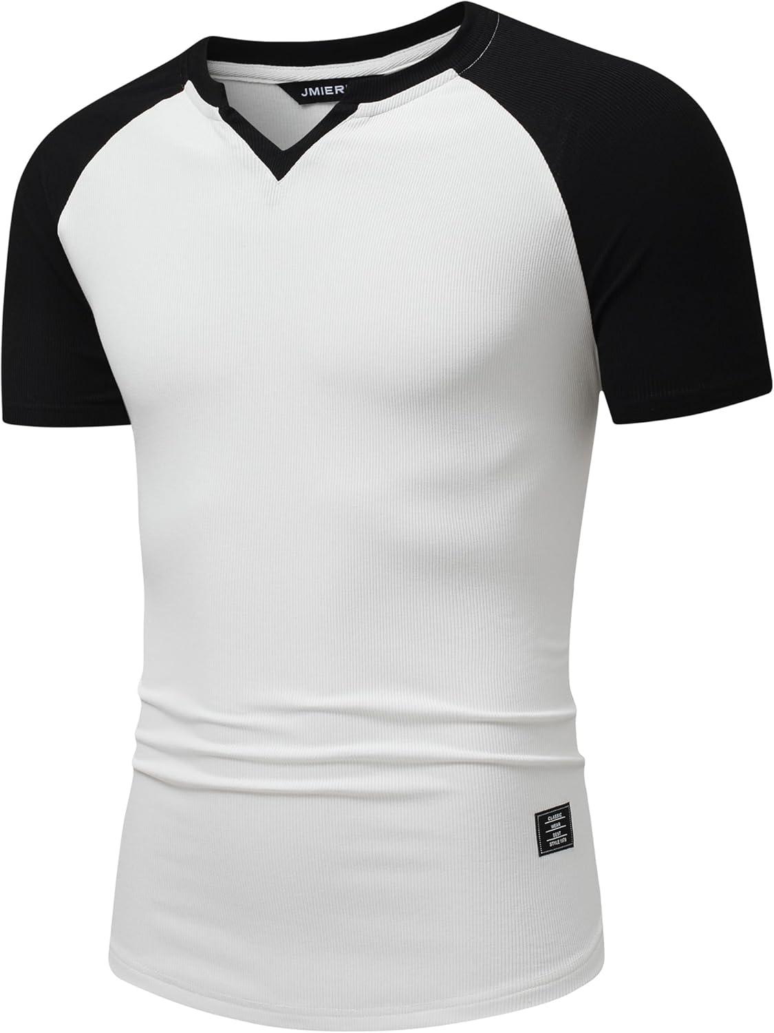 imageJMIERR Mens Muscle Slim T Shirts Texture V Neck Longline Henley Gym Workout Athletic Tee ShirtC White Black