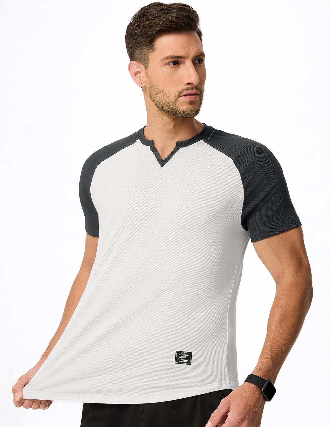 imageJMIERR Mens Muscle Slim T Shirts Texture V Neck Longline Henley Gym Workout Athletic Tee ShirtC White Grey