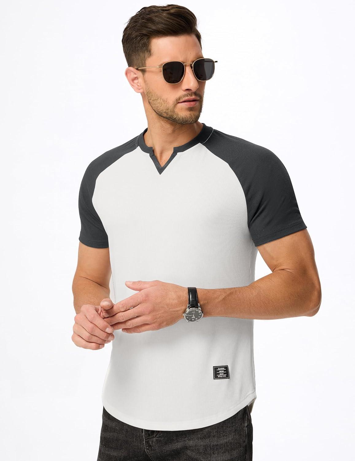 imageJMIERR Mens Muscle Slim T Shirts Texture V Neck Longline Henley Gym Workout Athletic Tee ShirtC White Grey