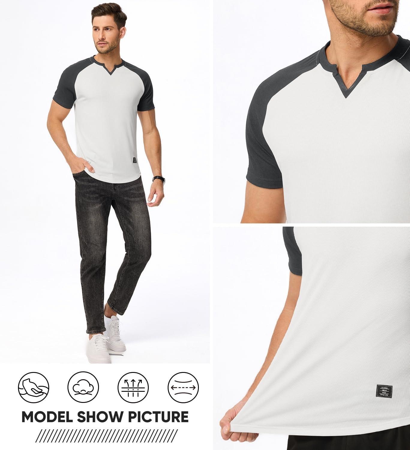 imageJMIERR Mens Muscle Slim T Shirts Texture V Neck Longline Henley Gym Workout Athletic Tee ShirtC White Grey
