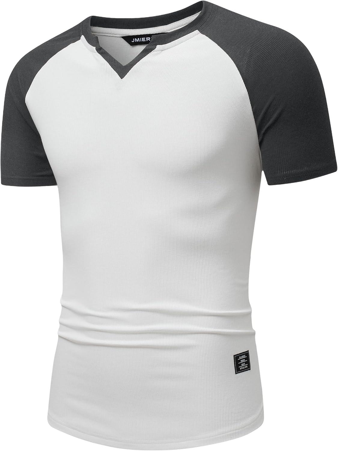 imageJMIERR Mens Muscle Slim T Shirts Texture V Neck Longline Henley Gym Workout Athletic Tee ShirtC White Grey