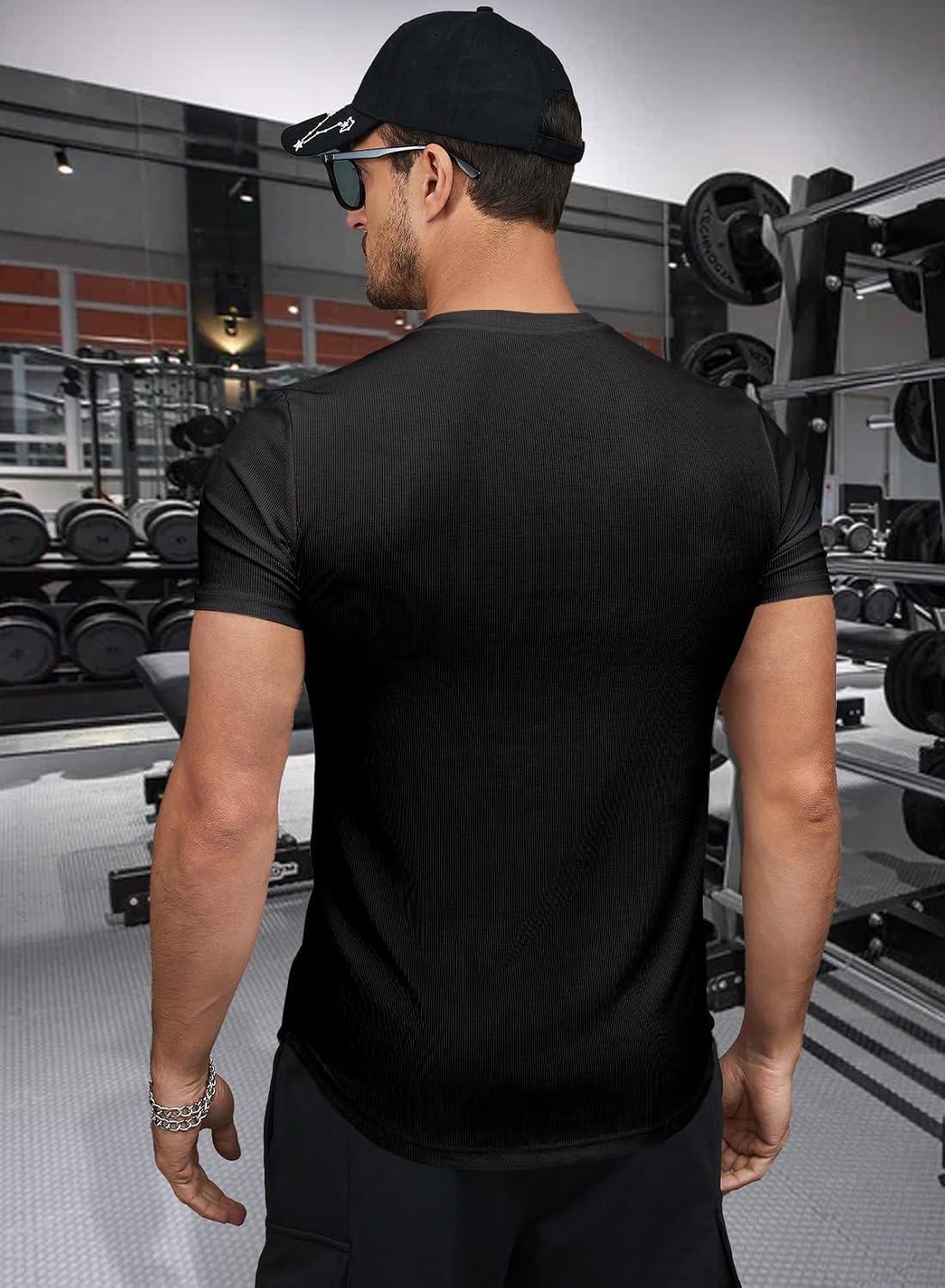 imageJMIERR Mens Muscle Slim T Shirts Texture V Neck Longline Henley Gym Workout Athletic Tee ShirtPackblackBlack