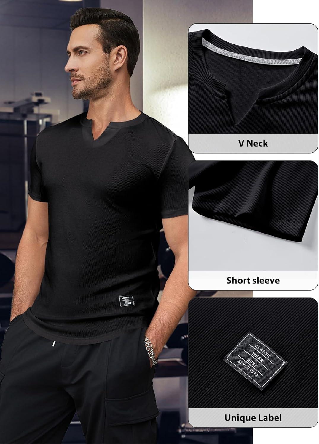 imageJMIERR Mens Muscle Slim T Shirts Texture V Neck Longline Henley Gym Workout Athletic Tee ShirtPackblackBlack