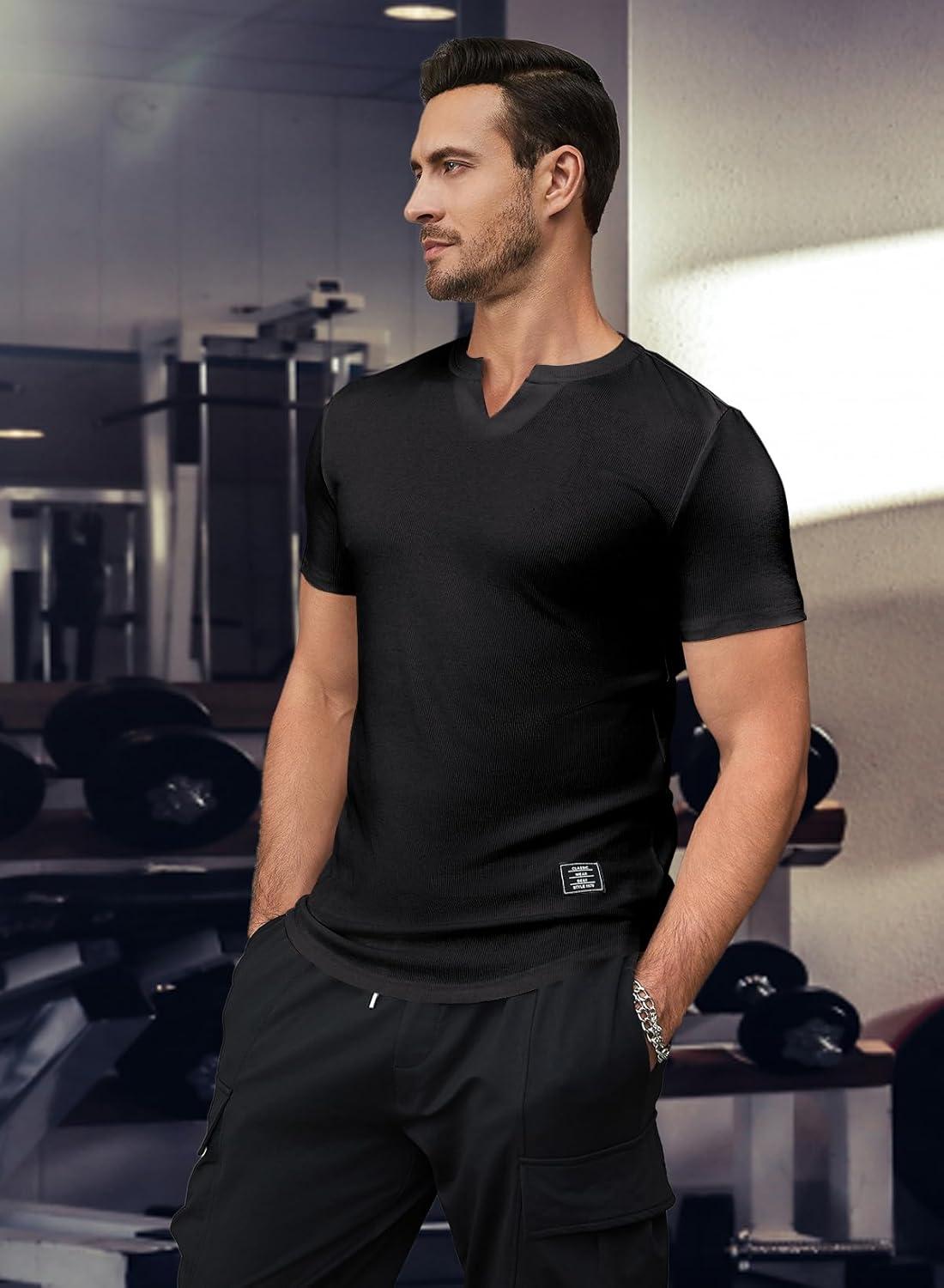 imageJMIERR Mens Muscle Slim T Shirts Texture V Neck Longline Henley Gym Workout Athletic Tee ShirtPackblackBlack