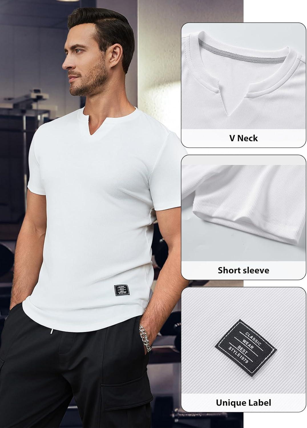 imageJMIERR Mens Muscle Slim T Shirts Texture V Neck Longline Henley Gym Workout Athletic Tee ShirtPackwhiteBlue