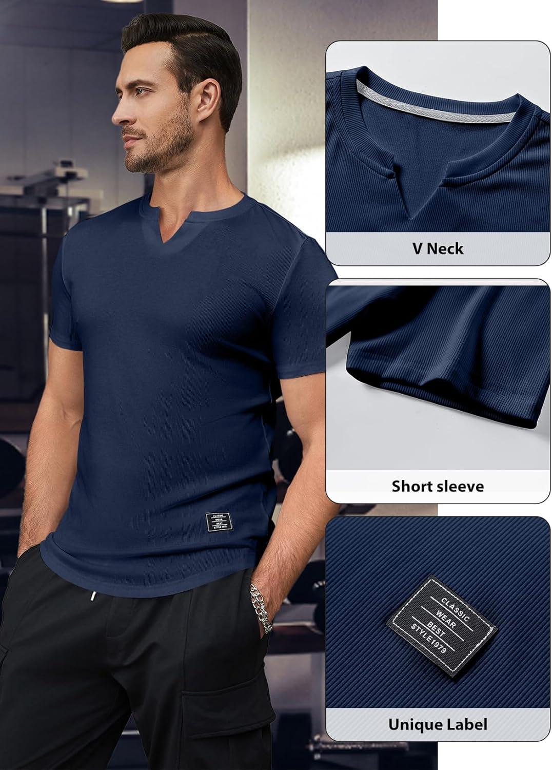 imageJMIERR Mens Muscle Slim T Shirts Texture V Neck Longline Henley Gym Workout Athletic Tee ShirtPackwhiteBlue